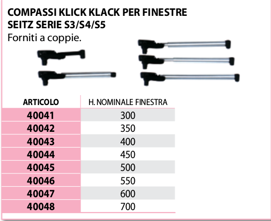 Braccetti Klick-Klack per Finestre Seitz Altezza 550 mm.Coppia